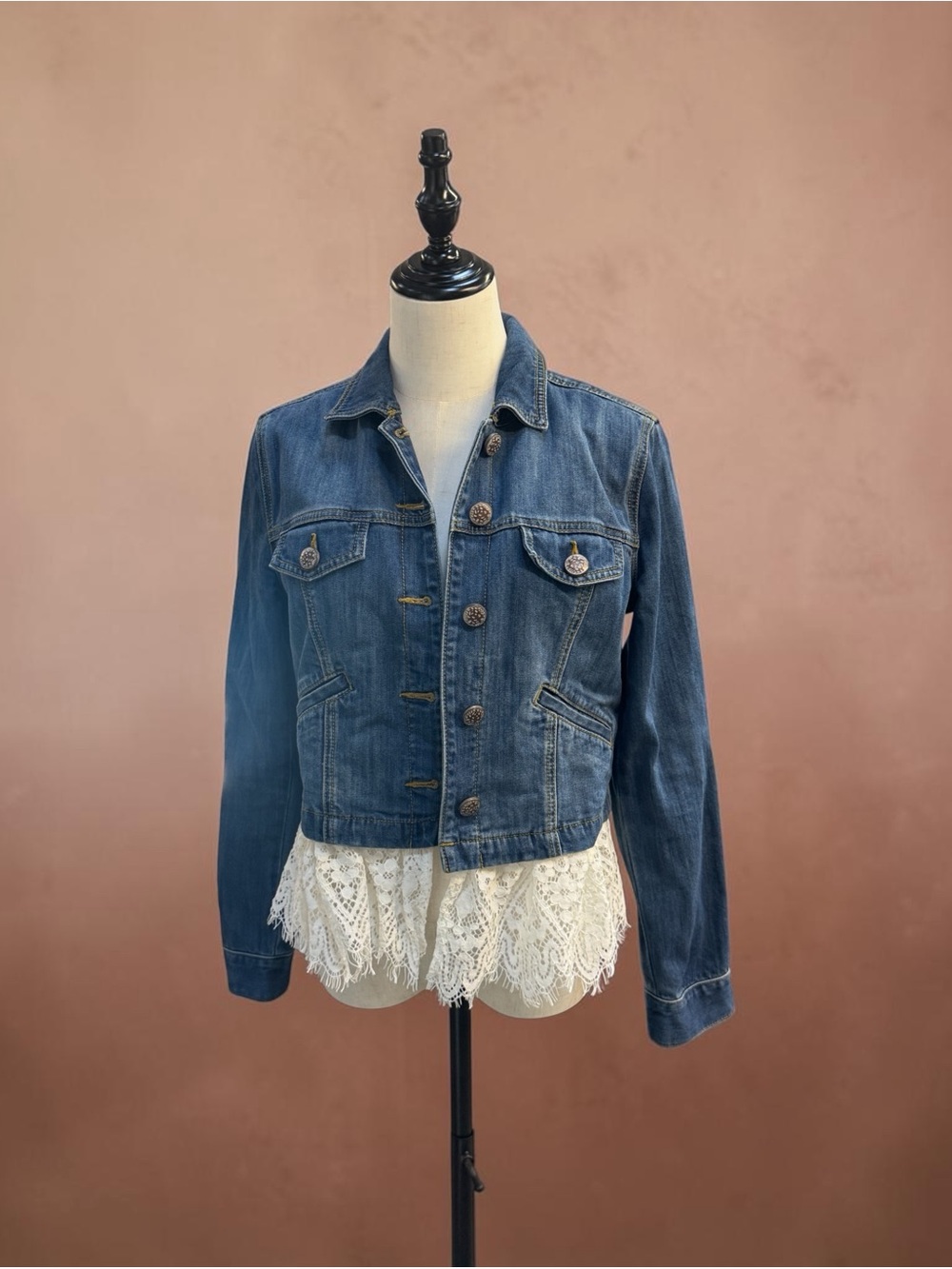 Cabi Convertible Denim Jacket with Detachable Lace Hem - Size Small